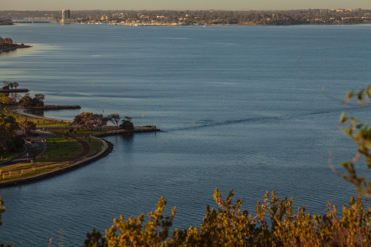 Swan River Perth Western Australia from Kings Parks. The Swan runs through Perths suburbs and city centre before reaching the Indian ocean. ©2013 Nick Katin