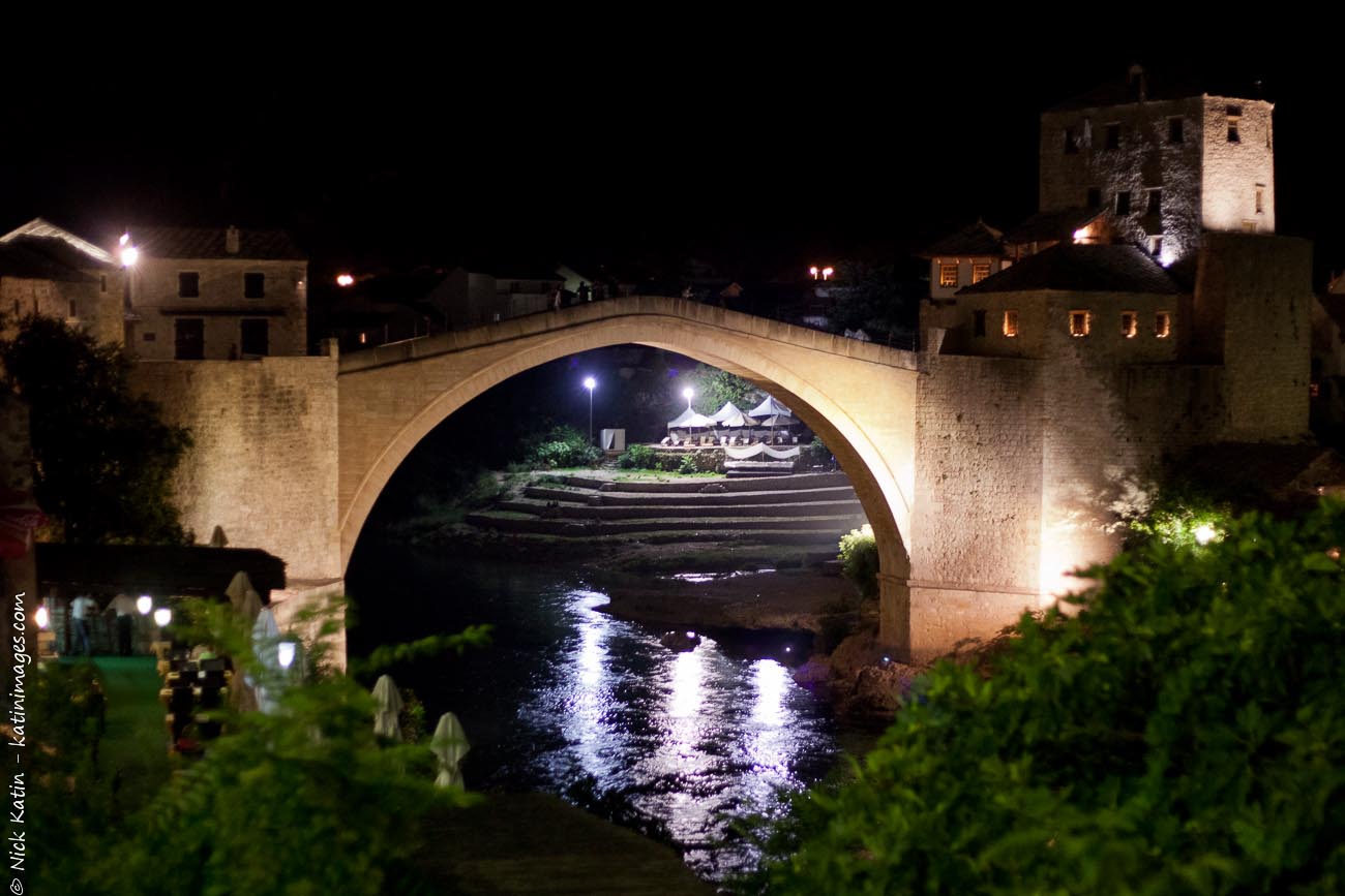 Stari Most at night. Mostar's old bridge that was destroyed during the Balkans war.