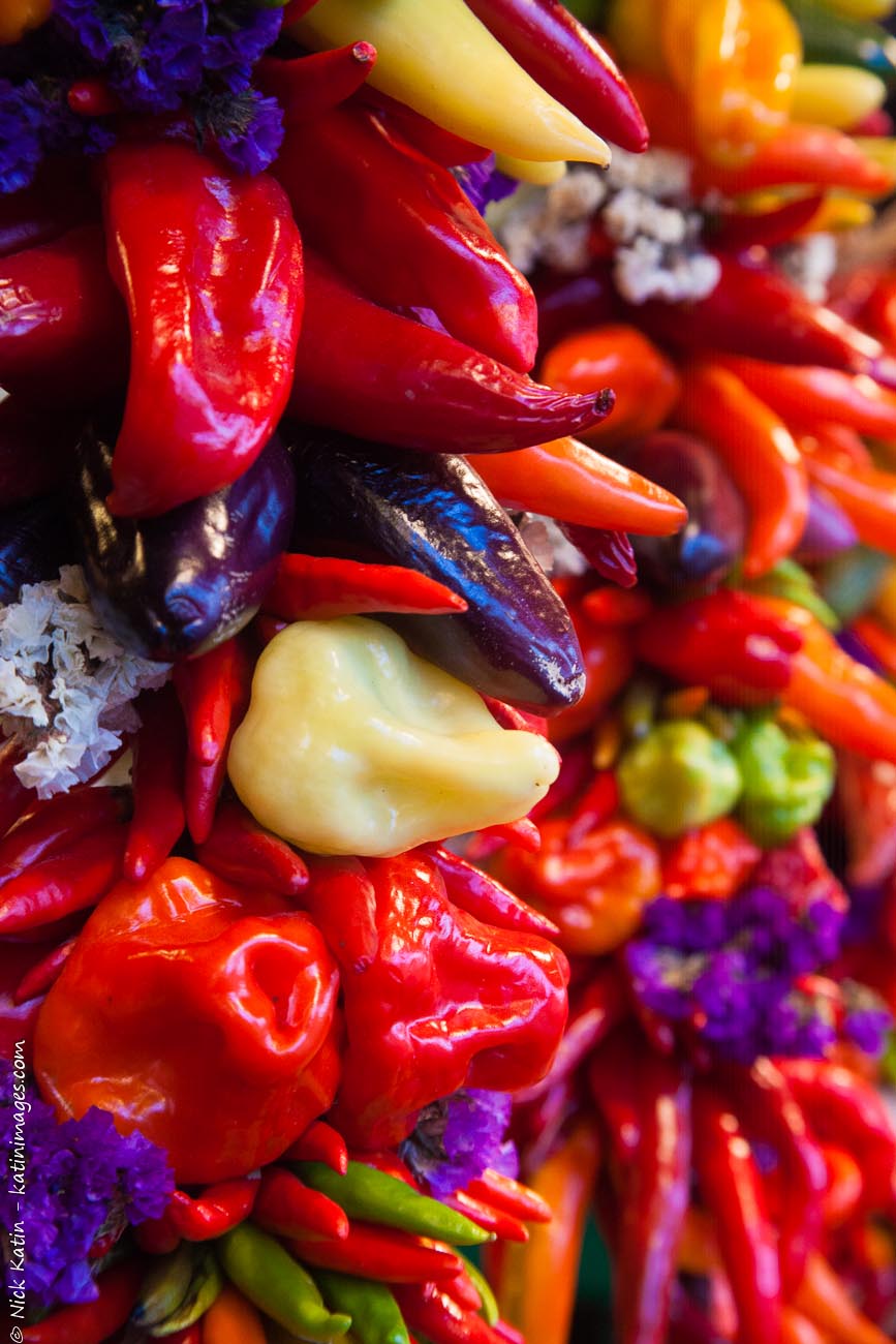 Hanging chillis in Pike Place markets in Seattle, Washington, USA