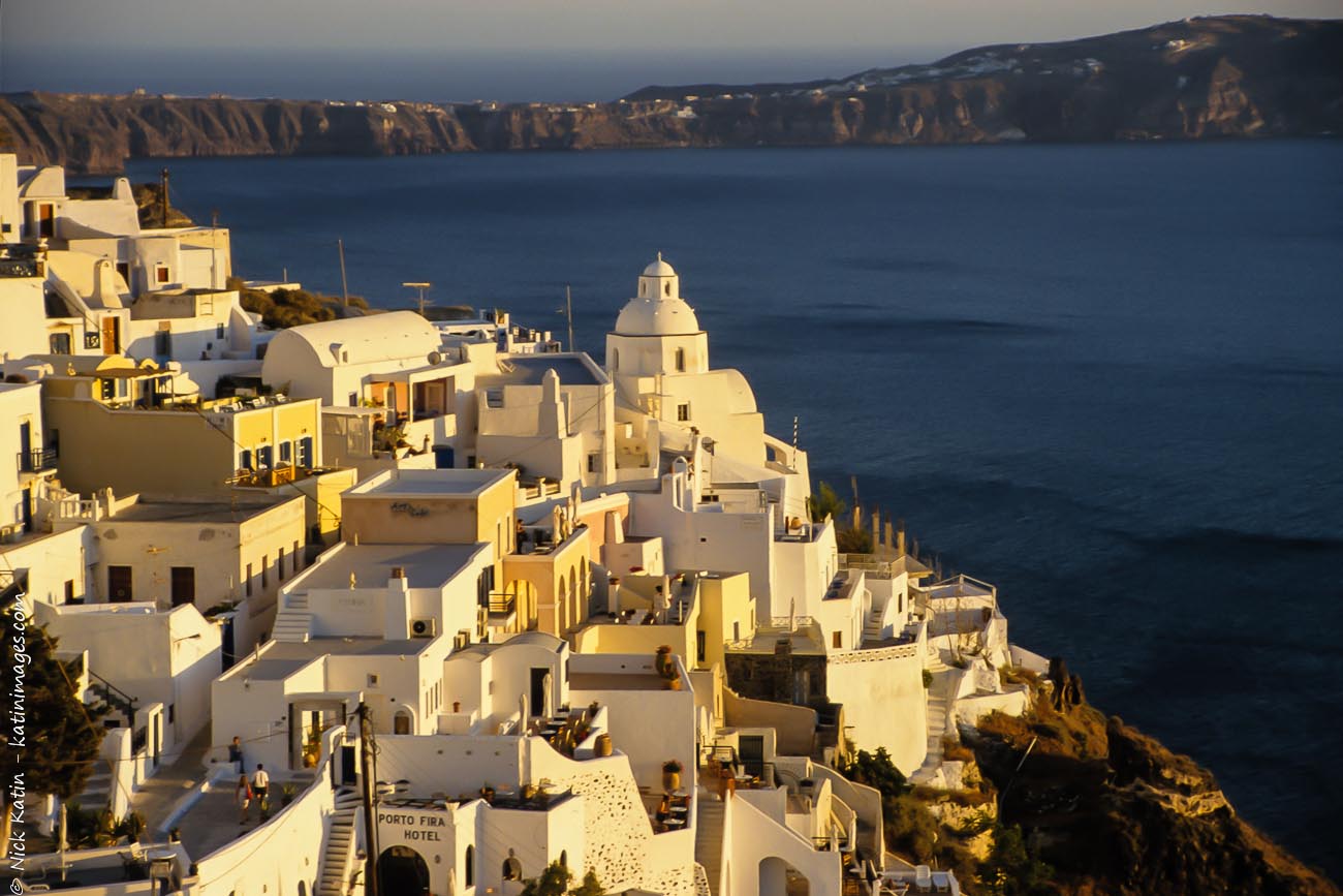 Fira, the main town in Santorini at dusk.