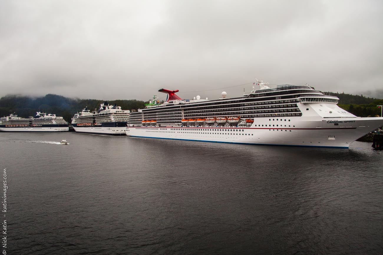 Docked Cruiseships at Ketchikan on the Alaska marine highway and inside passage.