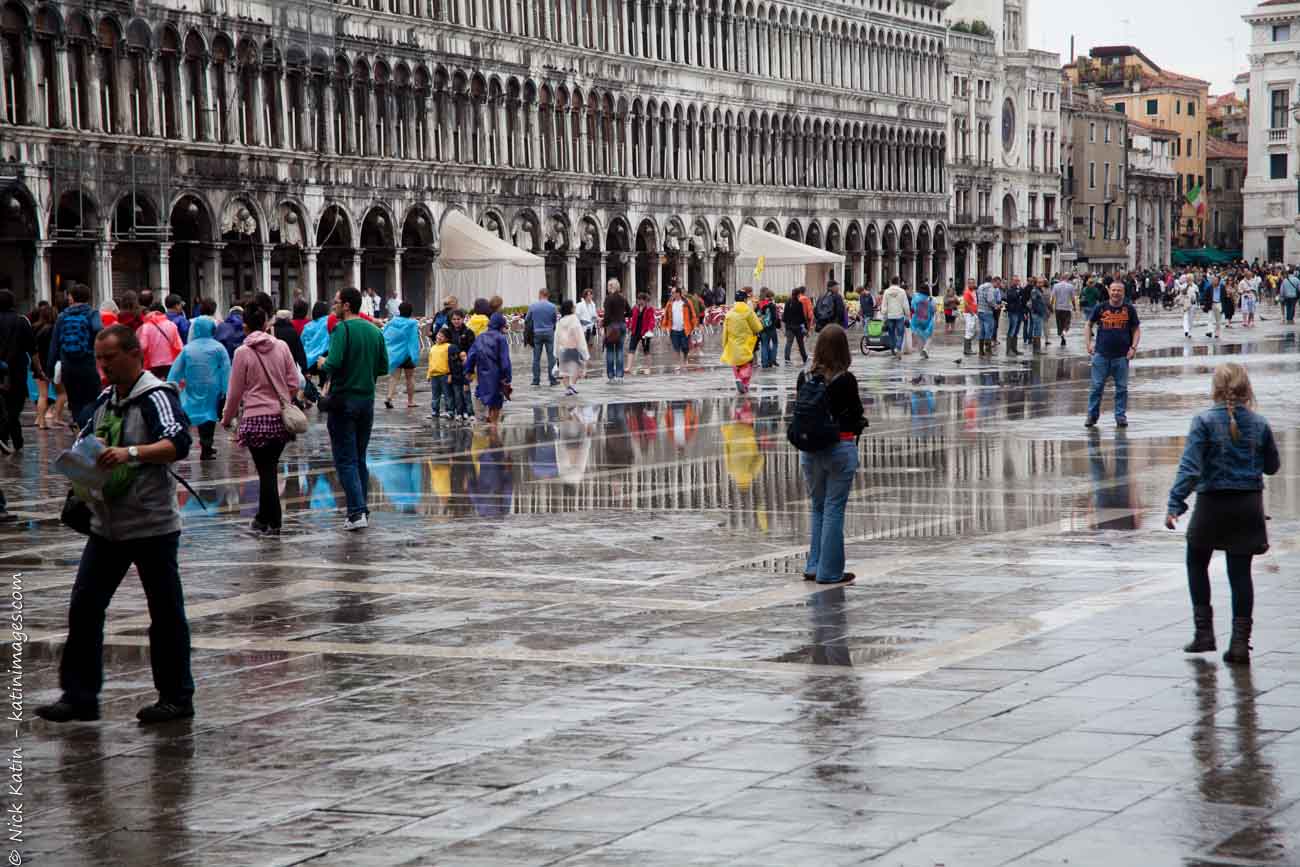 A wet Piazza San Marco in Venice, Italy