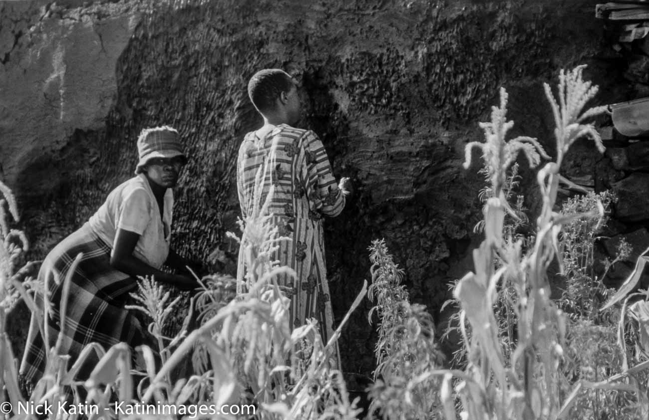 Women cleaning the outside of a mud hut near Malealea Lesotho