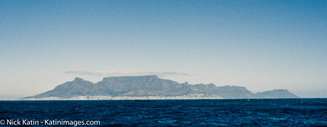 Table Mountain in Cape Town from Robben Island former prison of Nelson Mandela
