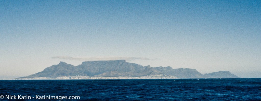Table Mountain in Cape Town from Robben Island former prison of Nelson Mandela