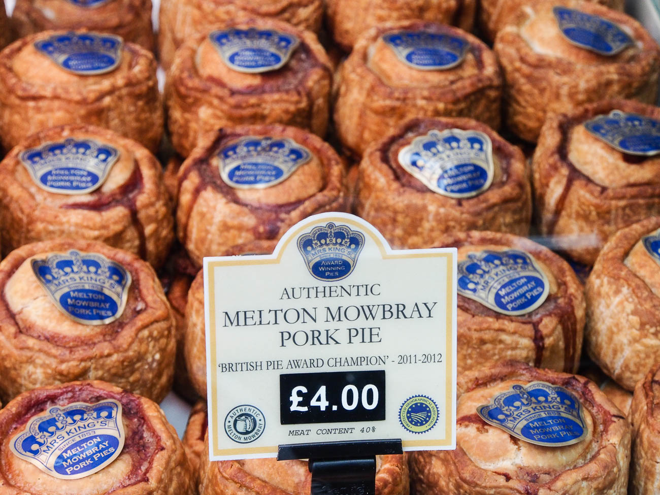 Pork Pies at one of London's famous markets Borough Markets that is devoted entirely to food.