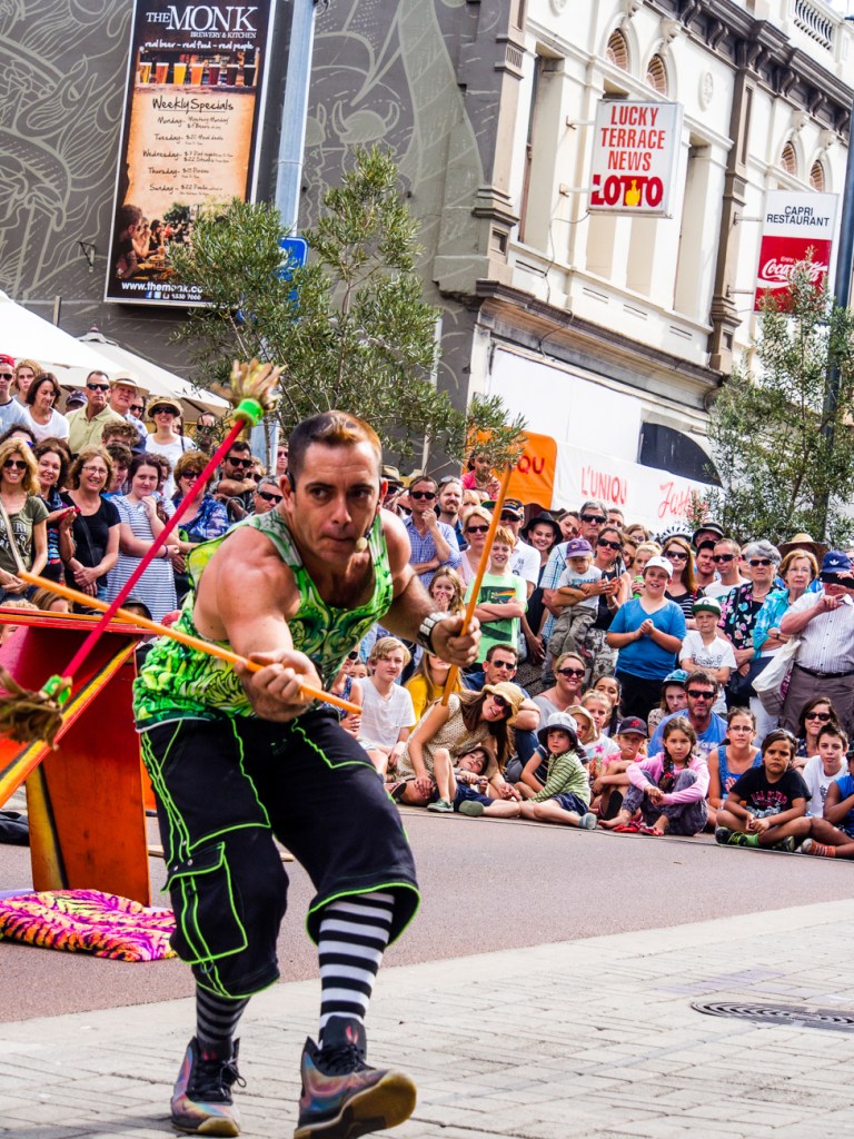 The street art act, Dream State Circus at the Street arts festival in Fremantle, Western Australia. the festival attracts over 100,000 spectators over the Easter long weekend.